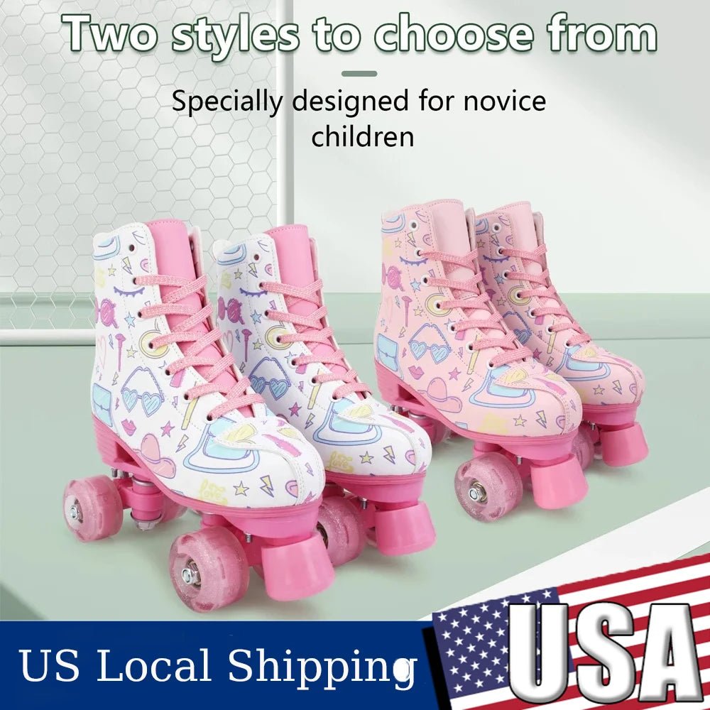 Outdoor PU leather quad roller skates for kids and girls, beginner-friendly